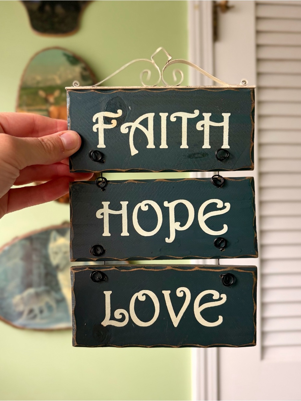 Rustic Faith Hope Love Wall Hanging - Teal Wooden Sign